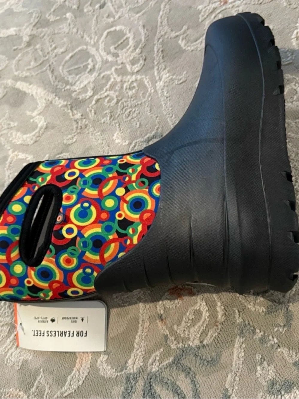 Bogs Kids Black Rain Boots with Multicolor Circle Shaft